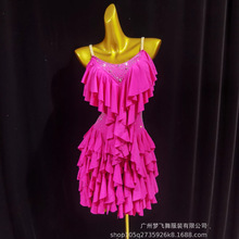 2025新款玫红拉丁舞比赛表演出服装专业舞蹈台流苏裙牛仔恰恰花服