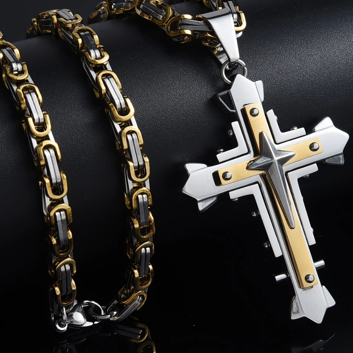 Stainless Steel Three-layer Cross Pendant Necklace For Men_voghion.com