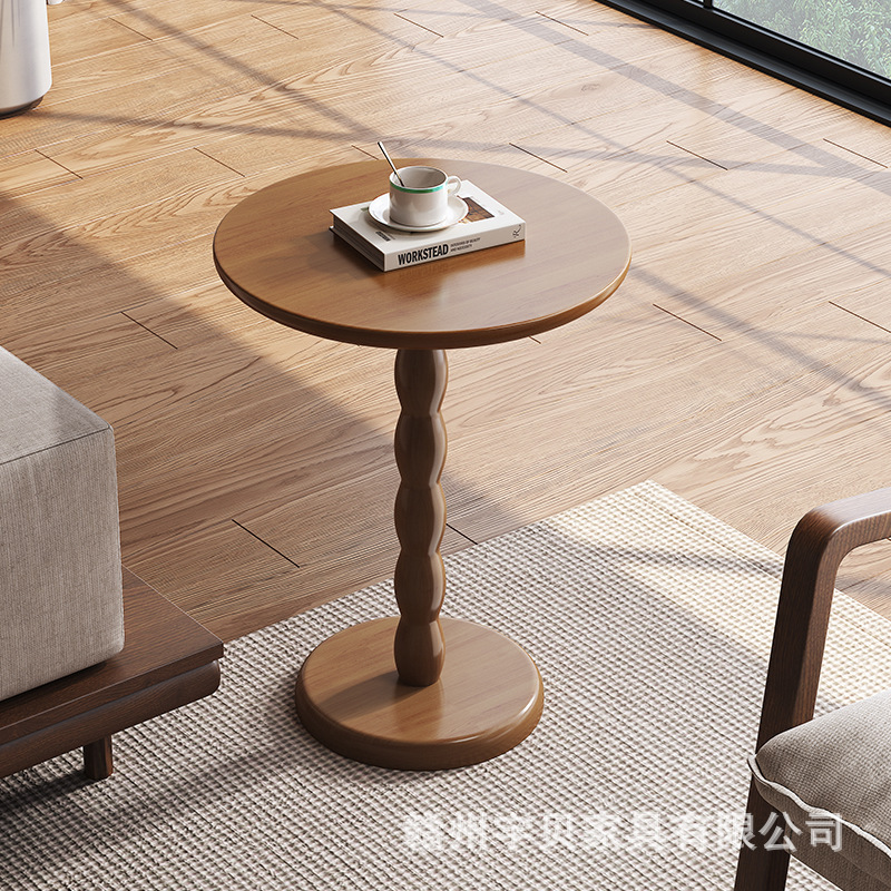 美式复古实木茶几卧室床头边桌圆桌中古风客厅家用小户型沙发边几|undefined
