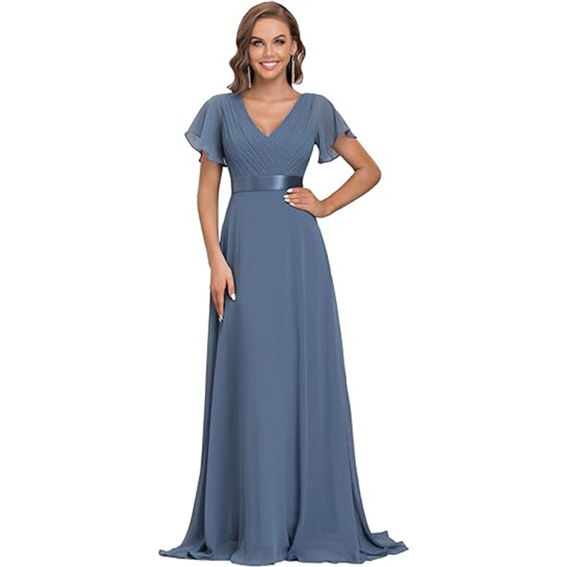 Hot-selling large swing V-neck dress chiffon elastic banquet annual meeting bridesmaid performance evening dress for women