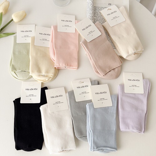 Loose socks for women Japanese simple solid color mid-calf socks spring and autumn Xiaohongshu pile socks confinement stockings boneless