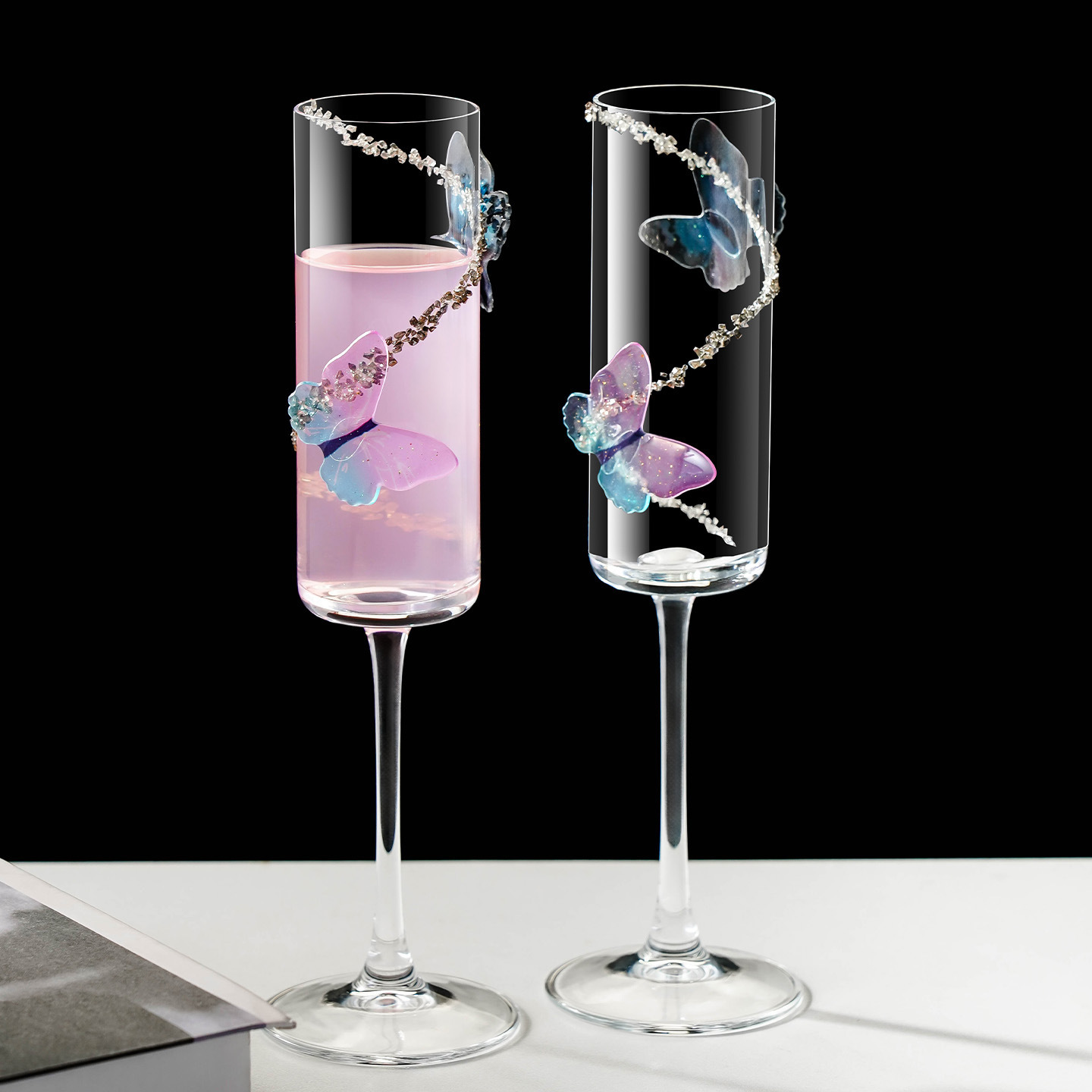 Taza de champagne de alto valor de cara espesa en vidrio de ventana mariposa taza de vino de cristal casero regalo