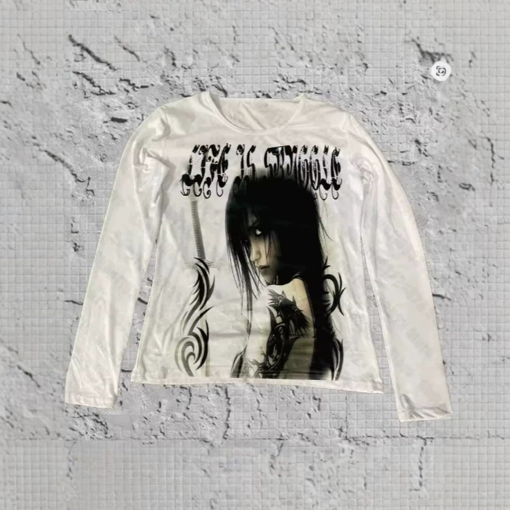 2026 Trendy Rock Style Women's T-Shirt Long-Sleeve Top American Street Fashion Base Shirt Unisex Clothing
