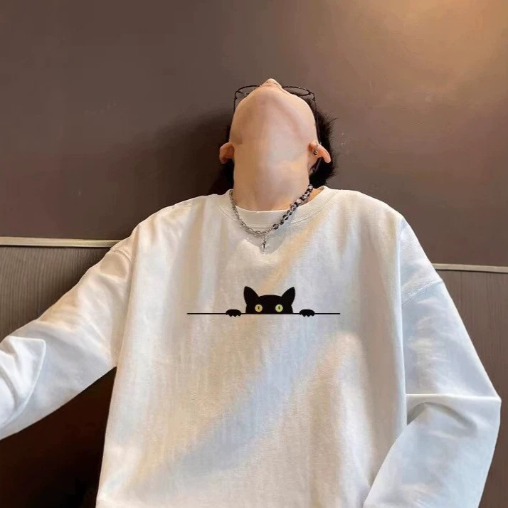 Pure Cotton Heavyweight Black Cat Print Crew Neck Base Shirt, Spring and Autumn Trendy Brand Loose Casual Long-Sleeve T-Shirt, Unisex Couple's Outfit Pure Cotton Heavyweight Black Cat Print Crew Neck Base Shirt, Spring and Autumn Trendy Brand Loose Casual Long-Sleeve T-Shirt, Unisex Couple's Outfit