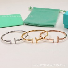 蒂T家开口手镯线圈18k玫瑰金简约设计白贝母镶钻男女手环跨境批发