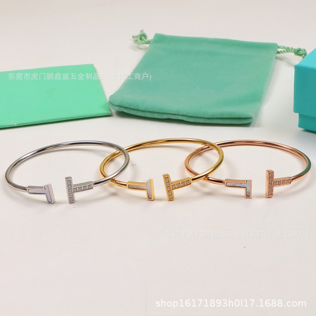 蒂T家开口手镯线圈18k玫瑰金简约设计白贝母镶钻男女手环跨境批发