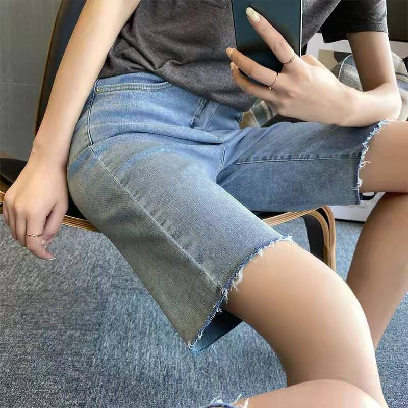 Yunshibai Summer Maternity Denim Shorts Five-Point Straight Elastic Belly Support Pants Outer Wear Slim Maternity Wear 8238