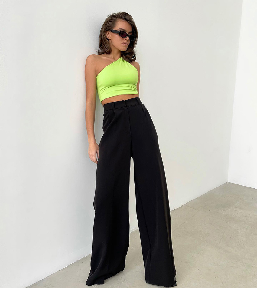 solid color high waist loose full-length pants NSSQS135005