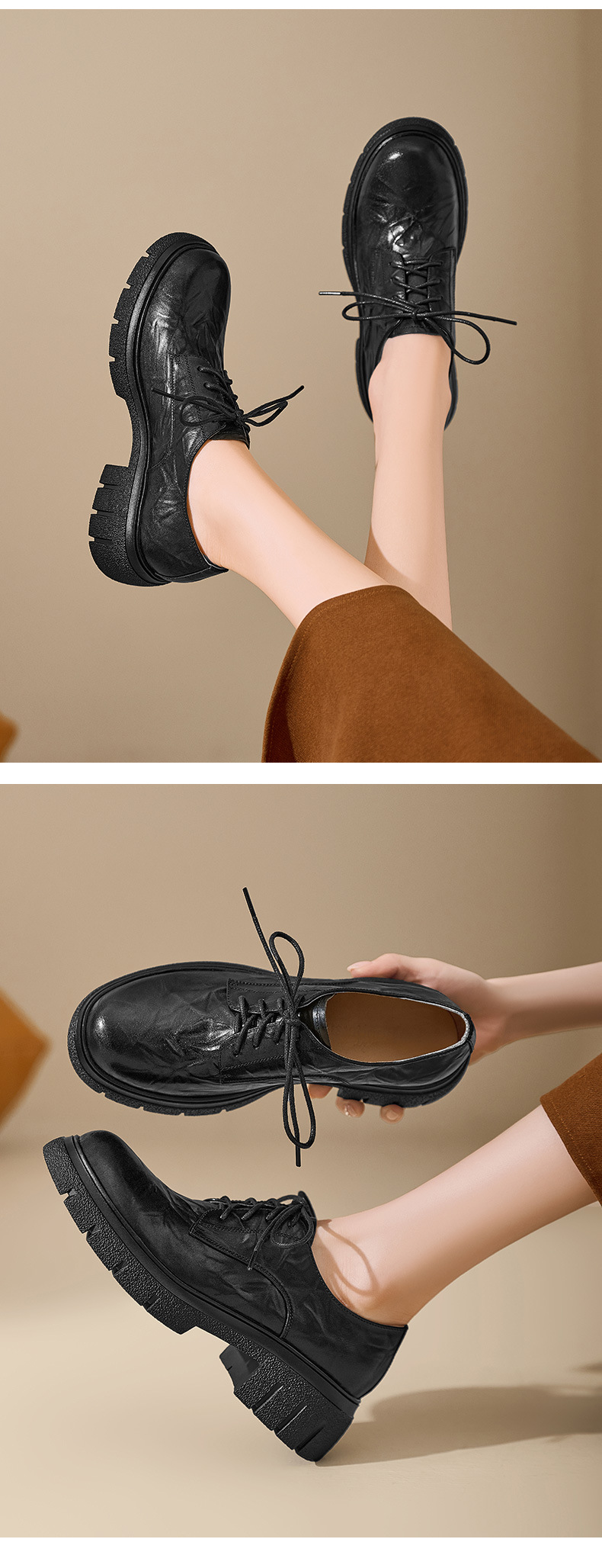 Giày nữ đế xuồng platform da bò đánh bóng phong cách vintage, gót 4 cm — màu nâu chi tiết 10