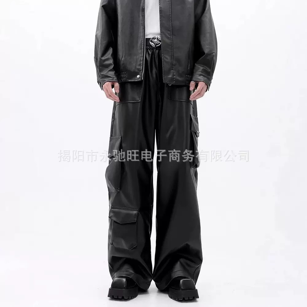 美式复古街头机能风皮裤春秋季新款嘻哈潮流宽松个性运动阔腿长裤