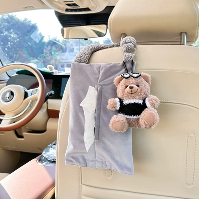 Cute Car Tissue Box Cartoon Bear Car Hanging Multifunctional Tissue Box Creative Doll Car Tissue Bag (Car tissue box/set) - dutch-velvet-bear-tissue-box-gray