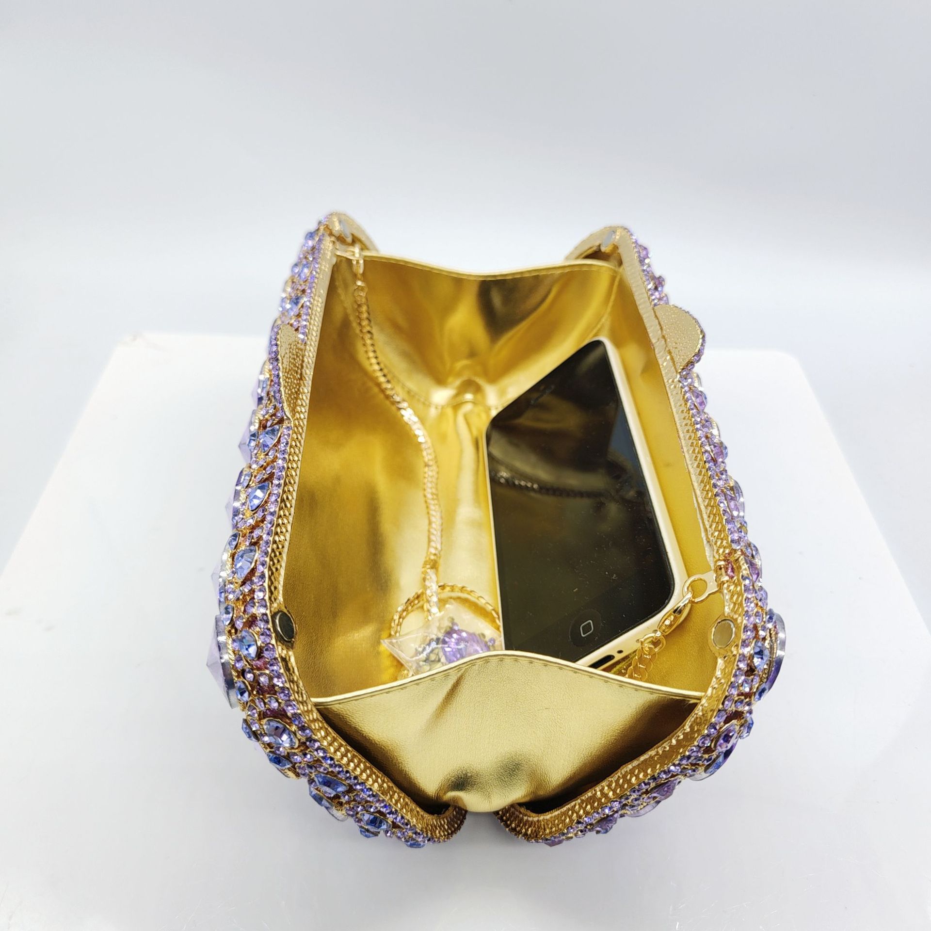 Túi clutch dạ hội nạm kim cương cao cấp cầm tay — Hoa tím, Màu tím đậm, Xanh ngọc lục bảo, Màu bạc chi tiết 6