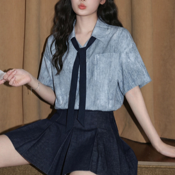 Blue Tie-Dye Short-Sleeved Shirt for Women 26 Summer Loose Polo Collar Tie-Up Shirt Unique Top Blue Tie-Dye Short-Sleeved Shirt for Women 26 Summer Loose Polo Collar Tie-Up Shirt Unique Top