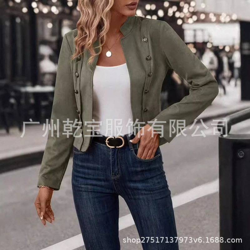 2025欧美跨境外贸纯色双排扣装饰夹克新款鹿皮绒复古长袖外套现货|undefined