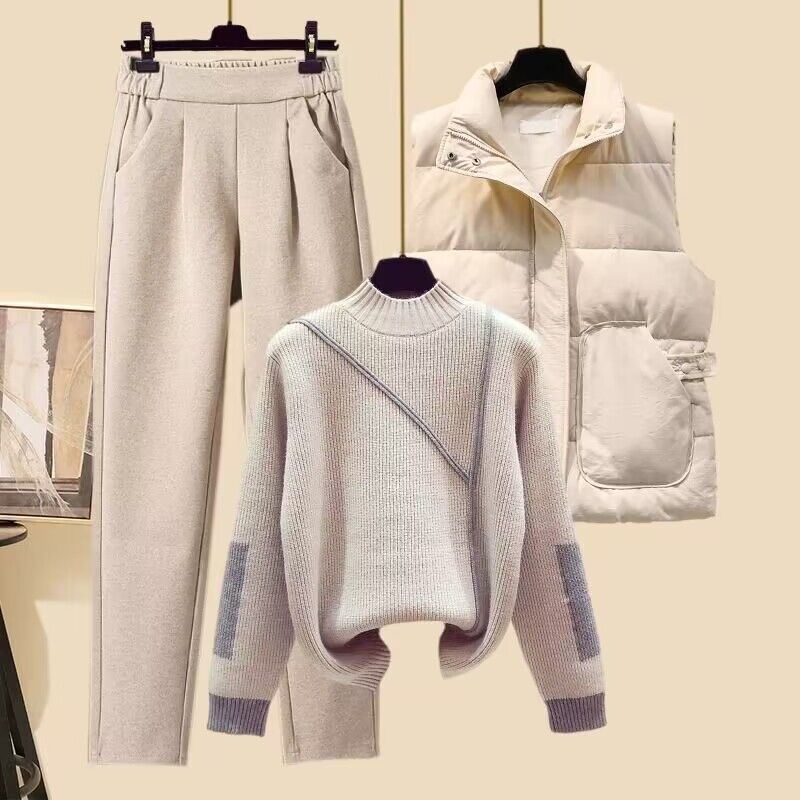 Vêtements pour femmes nouveaux costumes pour femmes gilet épais col haut pull tricoté pantalon carotte costume trois pièces printemps automne hiver_voghion.com