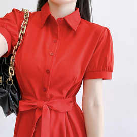 金韩短袖连衣裙春夏新款韩版修身中长款时尚长袖气质红色衬衫包邮