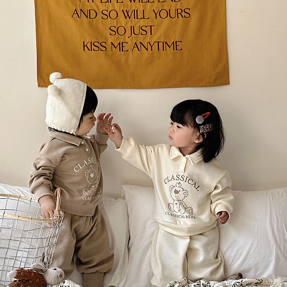 24 primavera nueva ropa para niños coreanos, traje de suéter con cuello de polo para niños, traje de hermana y hermano, traje de hermano y hermana, traje de salida de estilo de moda