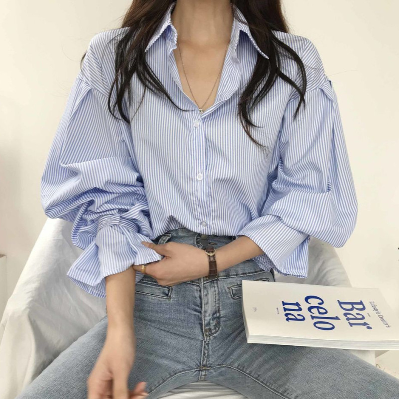 跨境秋季新款设计感小众细条纹宽松休闲衬衫简约内搭长袖女式上衣|undefined