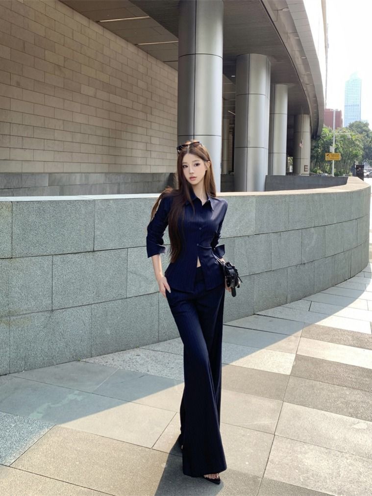 GraceChic GraceChic Elegant Sister Style With Collared Long Sleeve Striped Shirt And Flared Casual Pants For Women In Autumn Two-Piece Set_voghion.com