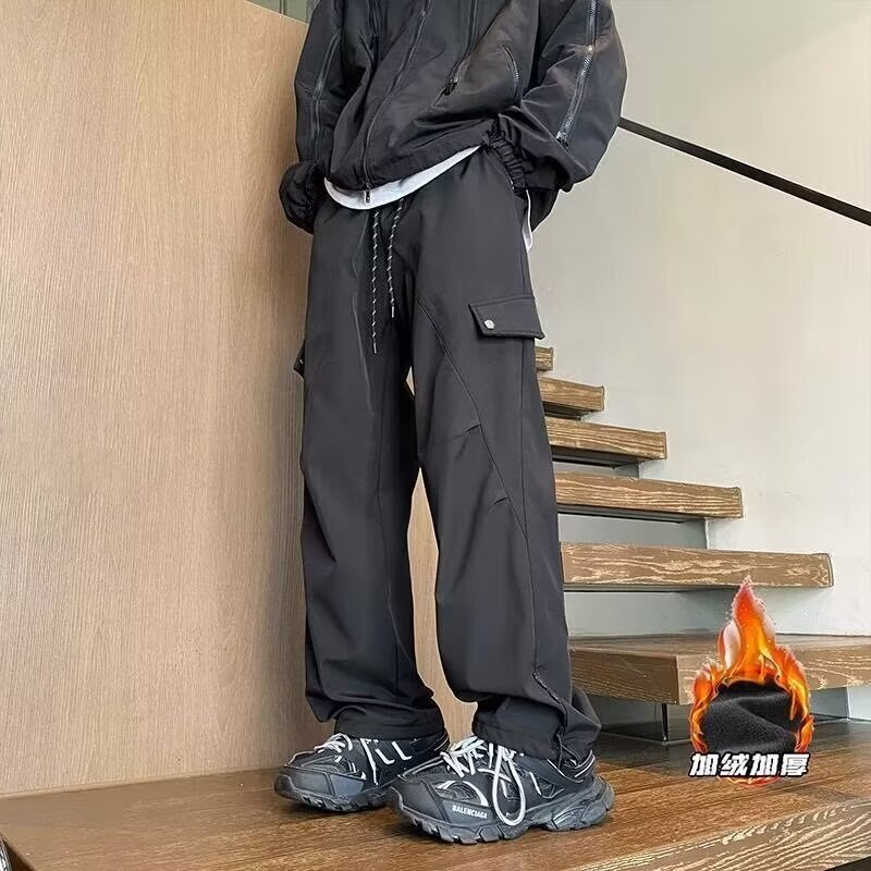 Men's Winter fleece-lined Warm Waterproof Windproof Outdoor Mountaineering Pants American Style High Street Black Straight Tooling Pants Men's Winter fleece-lined Warm Waterproof Windproof Outdoor Mountaineering Pants American Style High Street Black Straight Tooling Pants