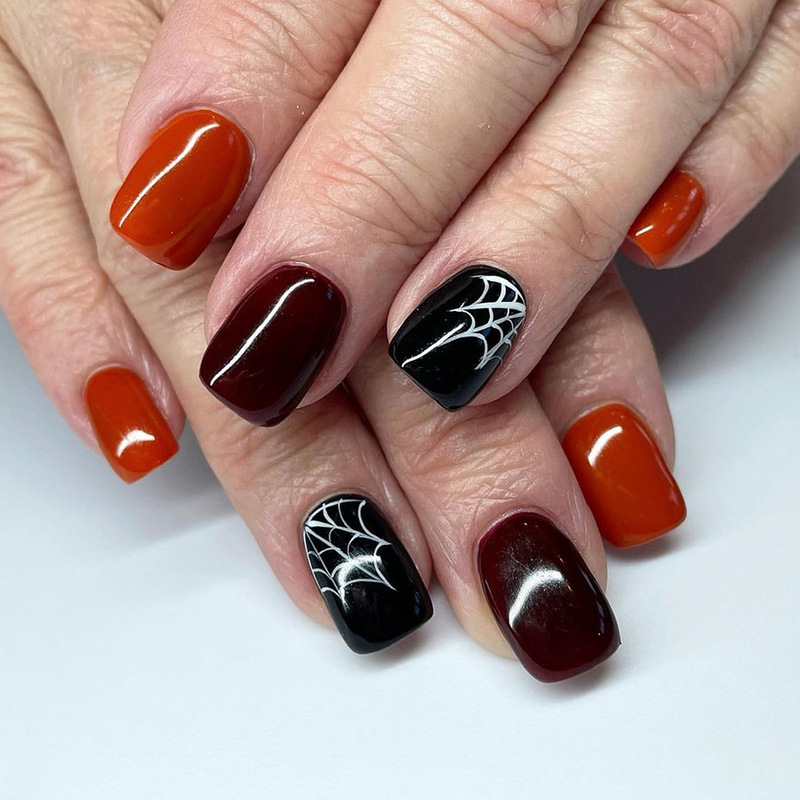 Short Bright Spider Web Pumpkin Orange Red Simple False Nail Square Armor Halloween Manicure New 24 Pieces