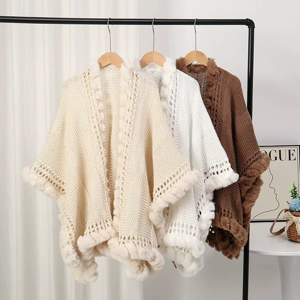 New Imitation Rabbit Fur Collar High-End Knitted Shawl Women's Fashion Simple Loose Large Fur Collar Cloak Western Style Jacket