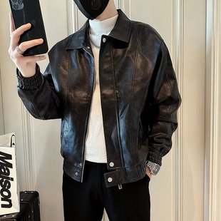 Trendy Brand Puppies Handsome Leather Jacket Men's Spring and Autumn New Fashionable Casual Leather Jacket Advanced Sense Solid Color Youth Leather Jacket