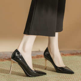 H893-1尖头时尚黑色高跟鞋女羊皮内垫漆皮纯色夏季女鞋浅口细跟外