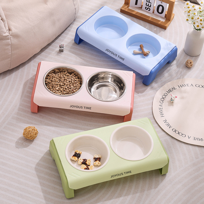 Cat and Dog Food Bowl, Neck Protection Bowl, Cat Feeding and Drinking Water Double Bowl, Dog and Cat Drinking Water and Feeding Food, Anti-Knock over Integrated Double Bowl