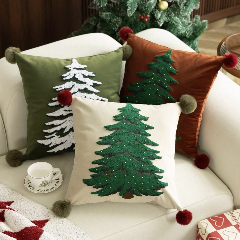 クリスマス枕カバークリスマスツリーインスタイル刺繍アメリカンソファクッションベッドサイドクッション腰枕|undefined