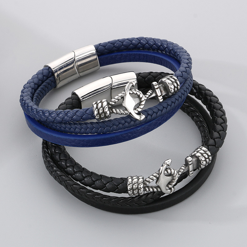 Vintage Men's Stainless Steel Creative Anchor Leather Rope Bracelet Multi-Layer Leather Braided Bracelet Men's Titanium Steel Jewelry