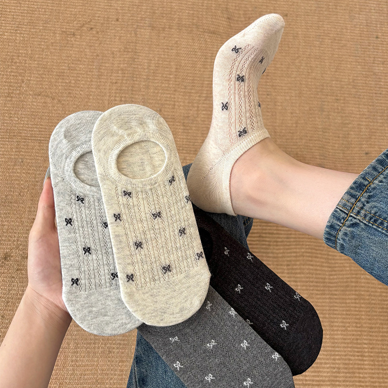 Women's Socks for Spring and Summer, Pure Cotton Mesh Ankle Socks with Bowknot, Sweet and Cute Women's Socks, Summer Low-Cut Anti-Odor Invisible Socks, Cotton Socks