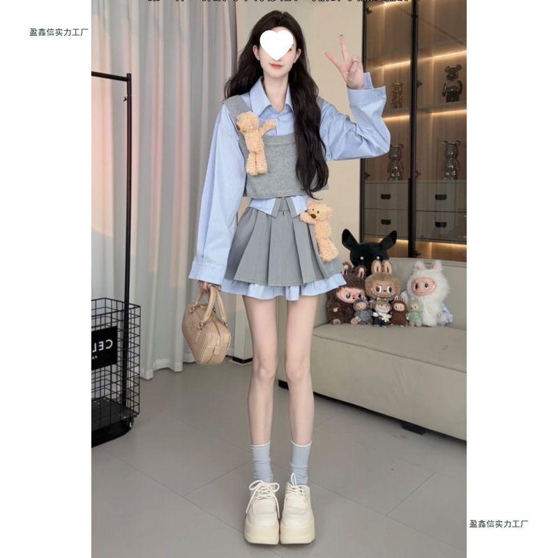 韩版学院风蓝色长袖衬衫灰色背心马甲拼接显瘦半身裙两件套套装女|undefined
