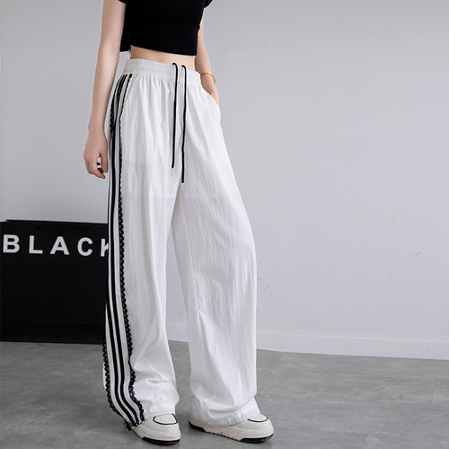 Lace Striped Women's Autumn 2025 New Loose Wide Leg Straight Leg Casual Quick Dry Black Wide Leg Pants