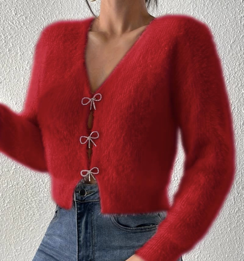 Cardigan grande de vison sintético com decote em V – mistura de acrílico felpudo com punhos canelados (P-GG, rosa/vermelho de inverno, essencial para o estilo boho streetwear)_voghion.com