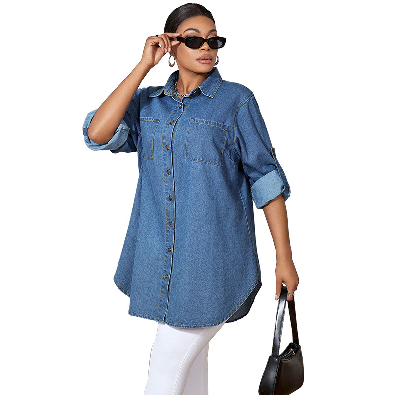 Jeanshemd in Übergröße, Oversize-Hemdjacke aus Chambray mit langen Ärmeln für Damen, lässige Bluse zum Drunterziehen_voghion.com