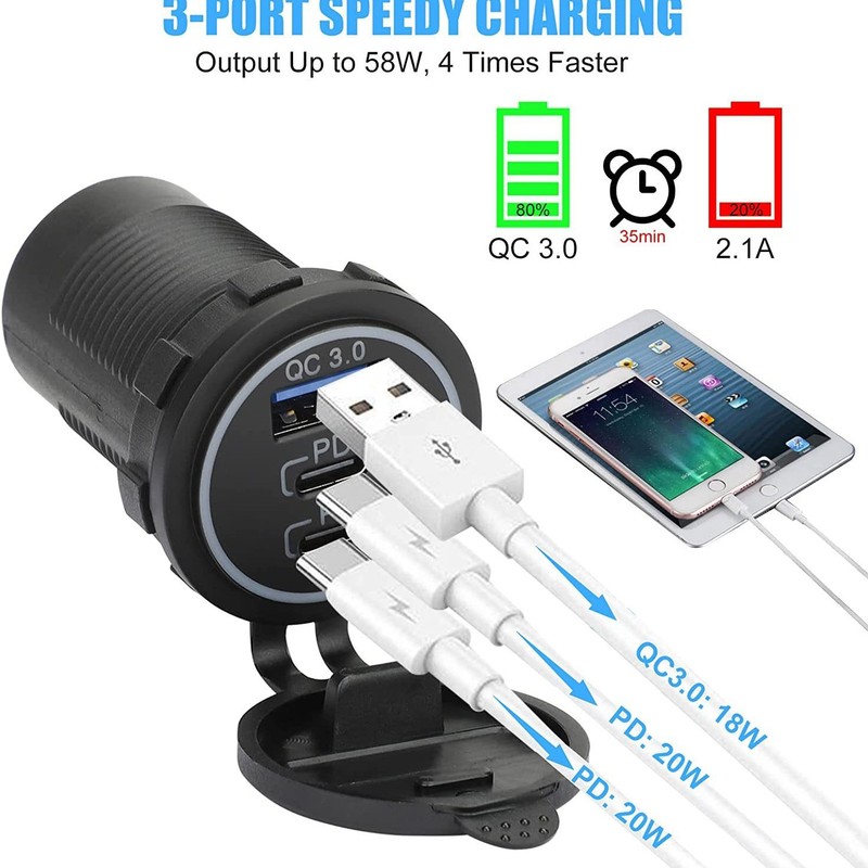 オートバイ自動車改造車充電qc3.0 pd充電器type-c口知能分流usb車充電|undefined