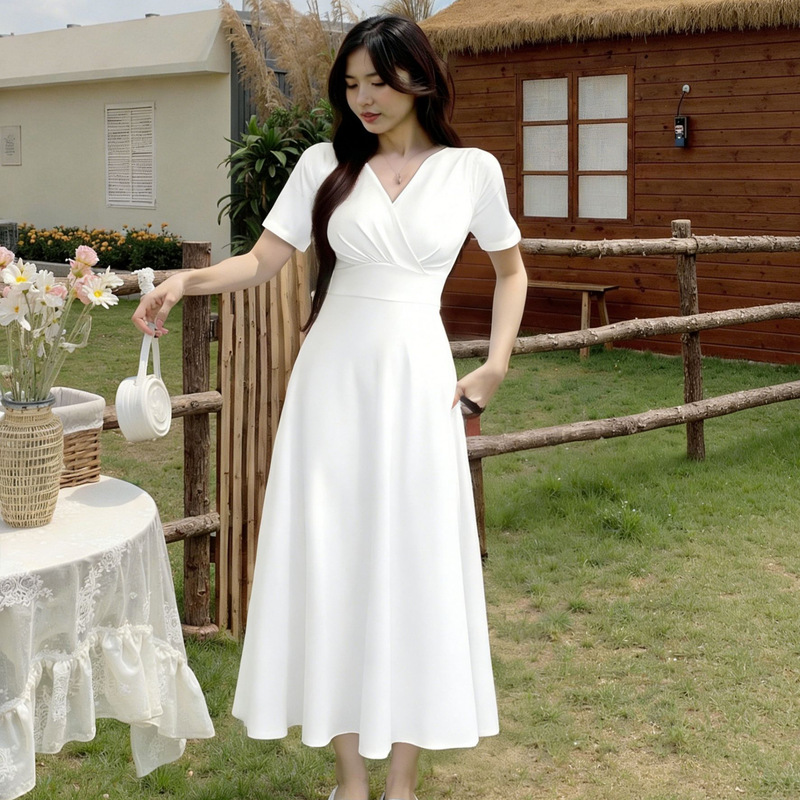 2025 New Style Waist-Cinching Red Commuter Dress Christmas Fashion Slim-Fit Women's Solid Color Wrap Tie Dress 2025 New Style Waist-Cinching Red Commuter Dress Christmas Fashion Slim-Fit Women's Solid Color Wrap Tie Dress