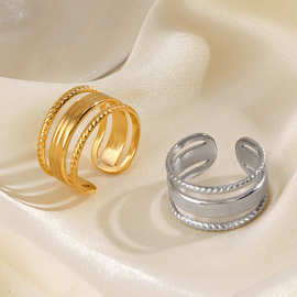 欧美简约流行线条钛钢戒指女个性嘻哈流行18K镀金3层开口调节指环