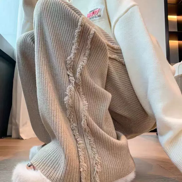 软糯侧边流苏针织阔腿裤女秋冬季竖坑条高腰抽绳显瘦休闲拖地裤厚