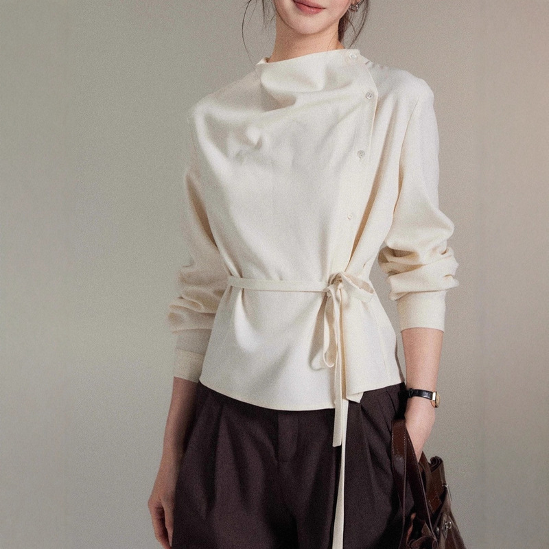 Elegant Asymmetric Swing Collar Asymmetrical Placket Tie Waist Top Women's High-End Shirt by Er Yang Design [Shi Yi]