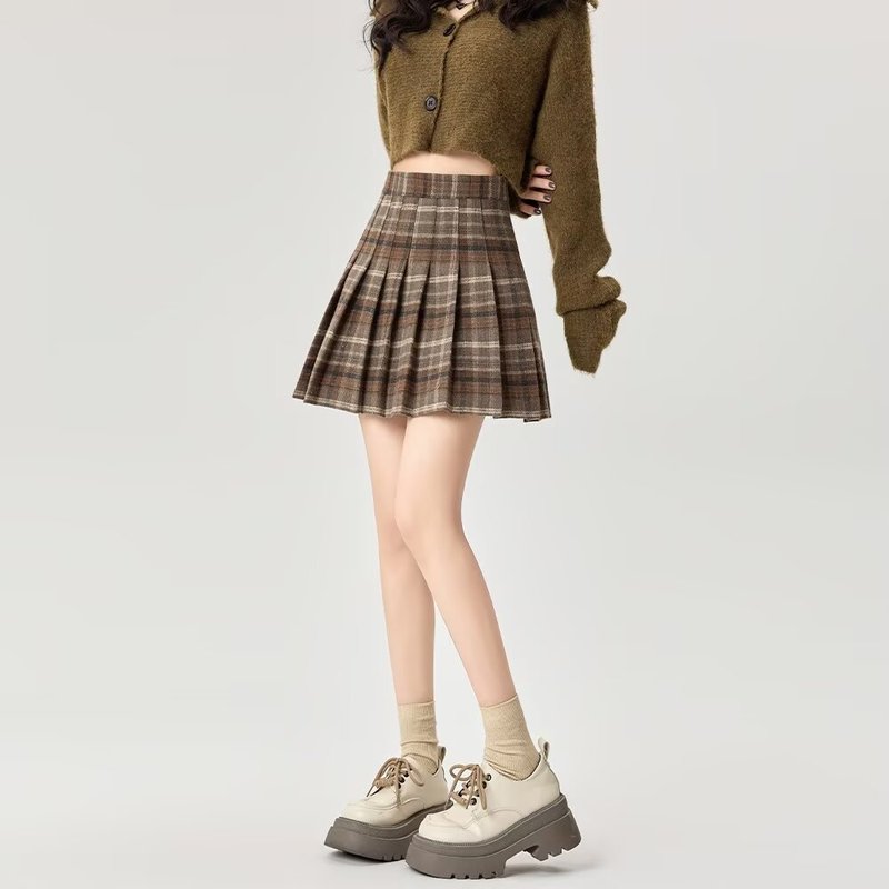 秋冬の女性用レトロチェック柄ウールスカート、小柄な人向けの万能ハイウエスト、スリムで露出防止のAラインプリーツスカート|undefined