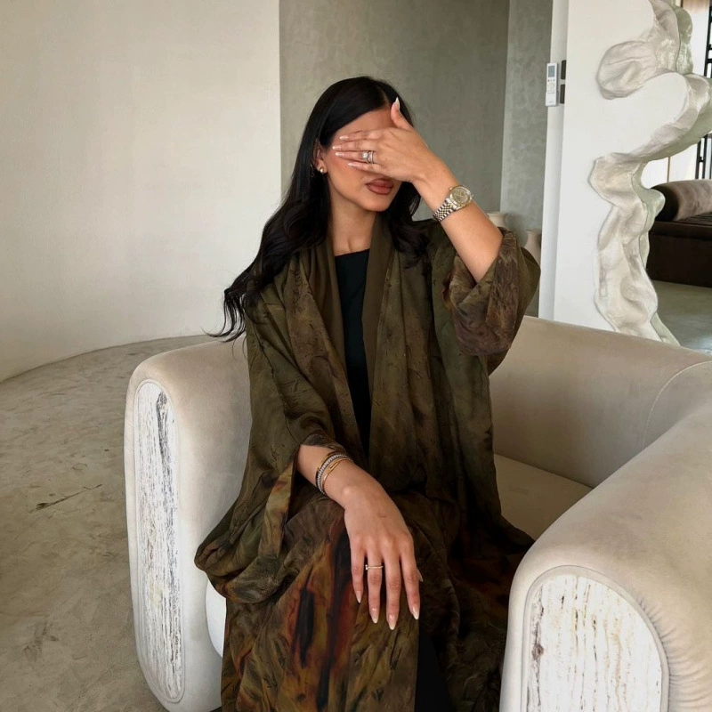 Скромная шифоновая куртка с принтом, модный халат, верхнее платье, верхняя одежда, мусульманская абайя Дубай, коричневый цвет