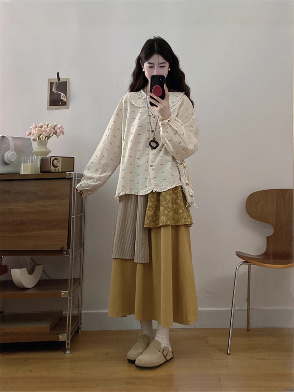 大码胖mm森系娃娃领印花棉布衬衫+拼接高腰半身裙两件套|undefined
