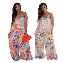 XX081 亚马逊跨境欧美女装吊带连体裤条纹印花无袖宽松夜店度假风