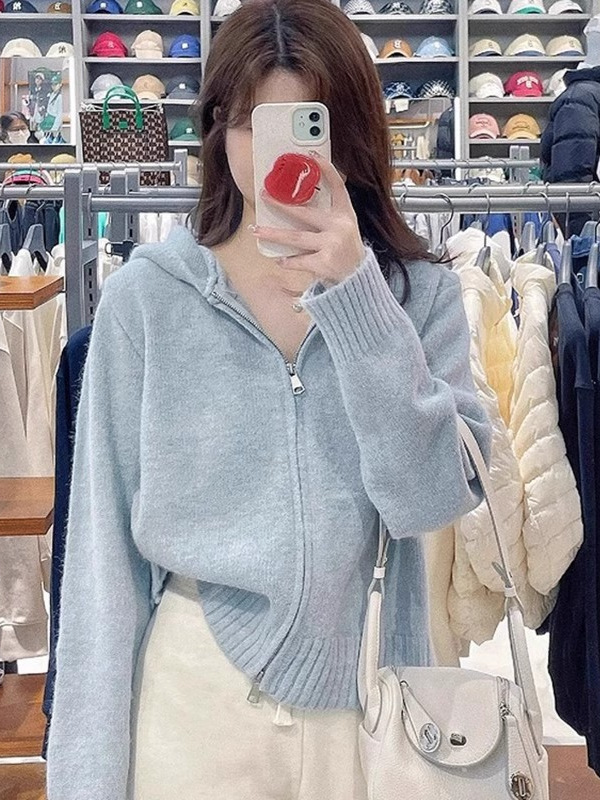 蓝色连帽针织衫春秋装外套女秋冬季宽松甜蜜拉链毛衣开衫短款上衣|undefined