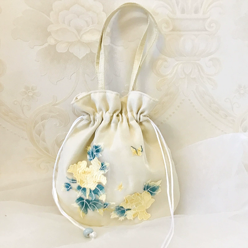 Handheld Hanfu Drawstring Bag, Embroidered Tassels, 22×22 cm, Handmade Accessory