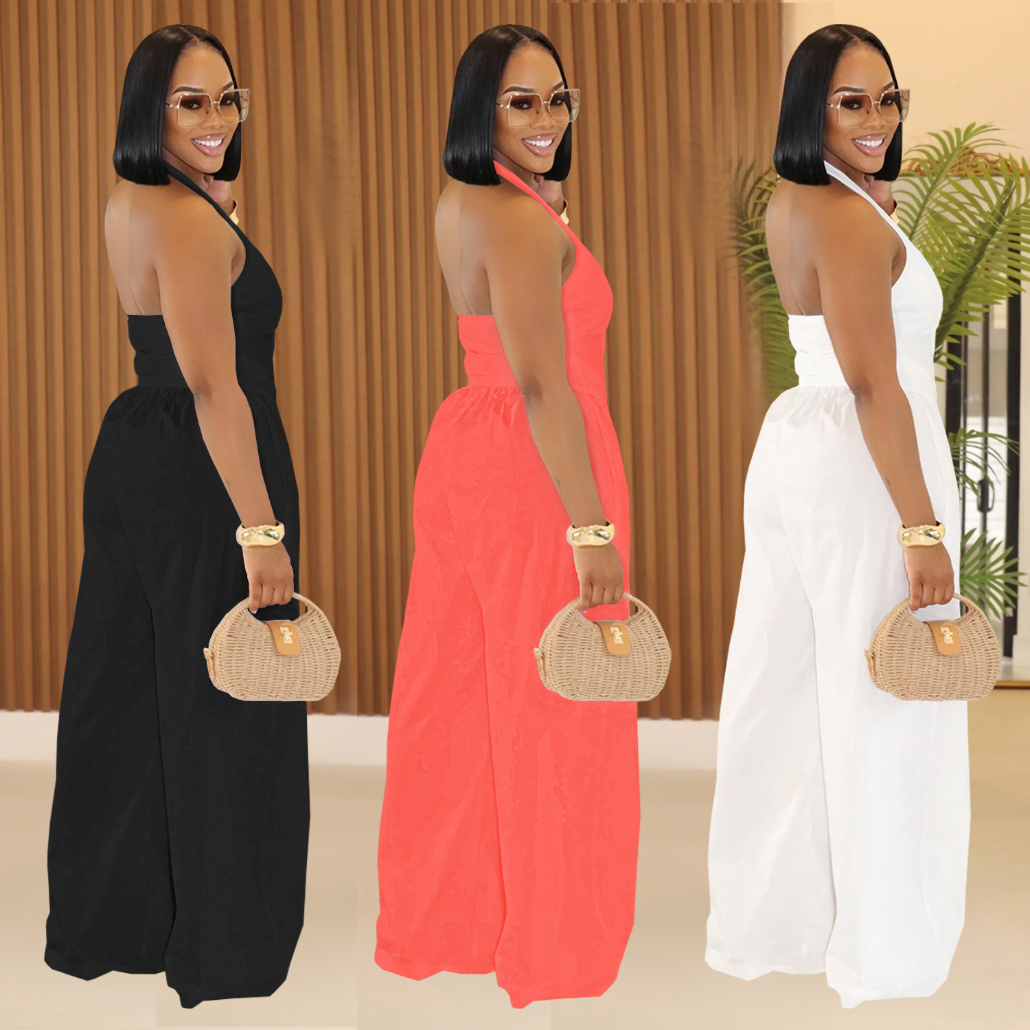 C7390 Cross-border AliExpress Amazon Ropa de mujer de moda europea y americana Mono de color sólido con cuello halter suelto casual