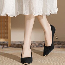 法式单鞋黑色绒面浅口高跟鞋女细跟2025年春季新款气质职业百搭