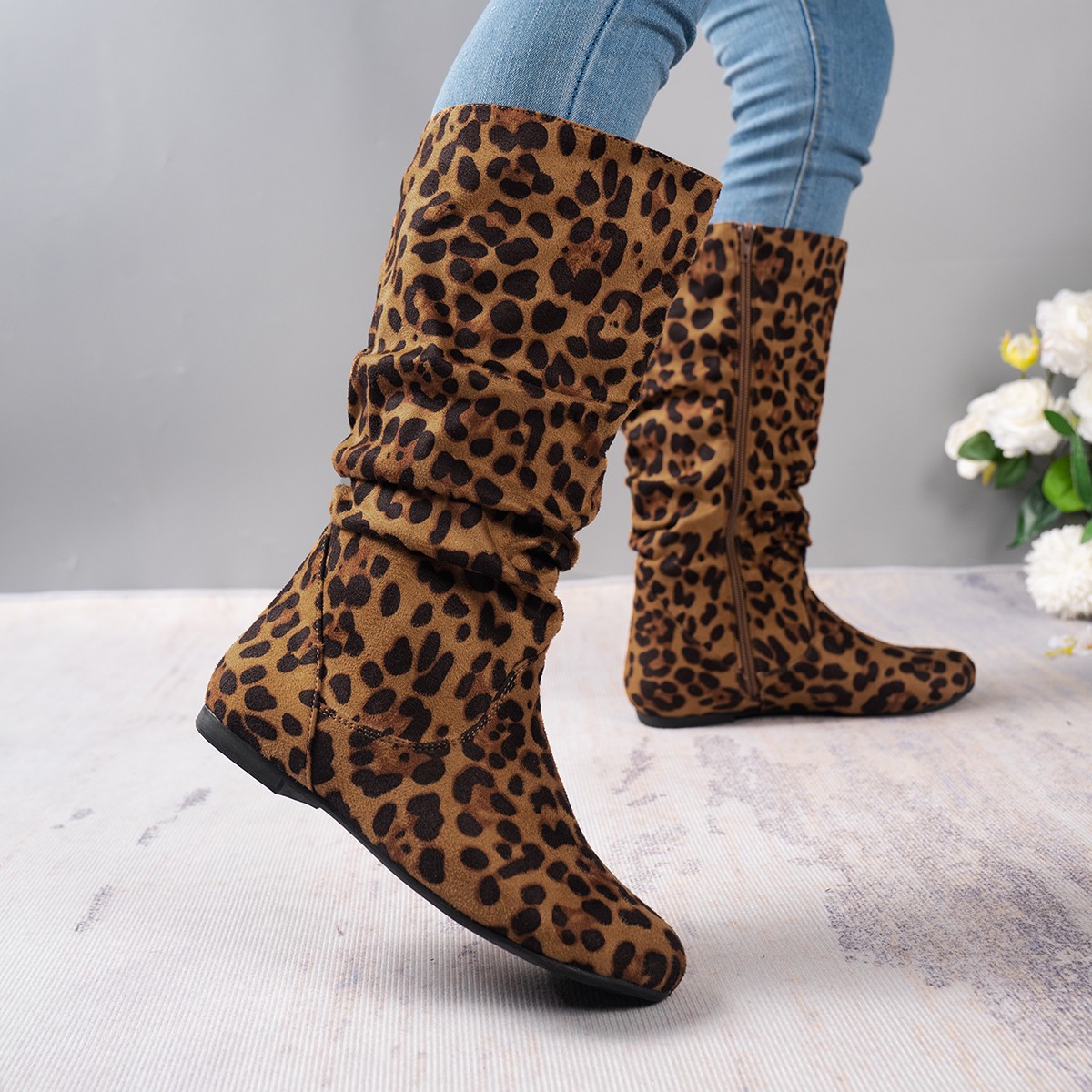 Leopard print flat heel round head side zipper mid-calf boots Winter warm vintage plus size fashion boots for women_voghion.com